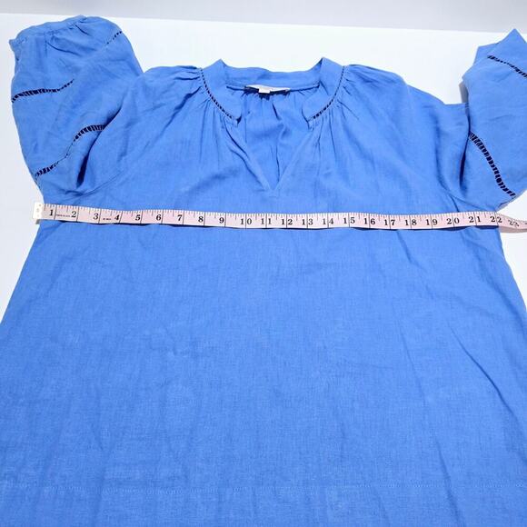 LOFT Women's Boho Linen Blend Top Sz L Blue V-Neck Cutout Lightweight 3/4 Sleeve - Picture 6 of 9